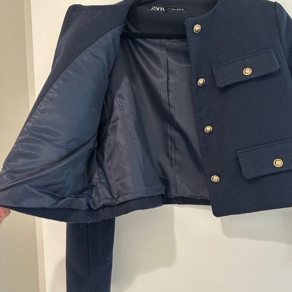 Zara Gold Button Blue Tweed Textured Blazer Jacket Size Large - Picture 5 of 7